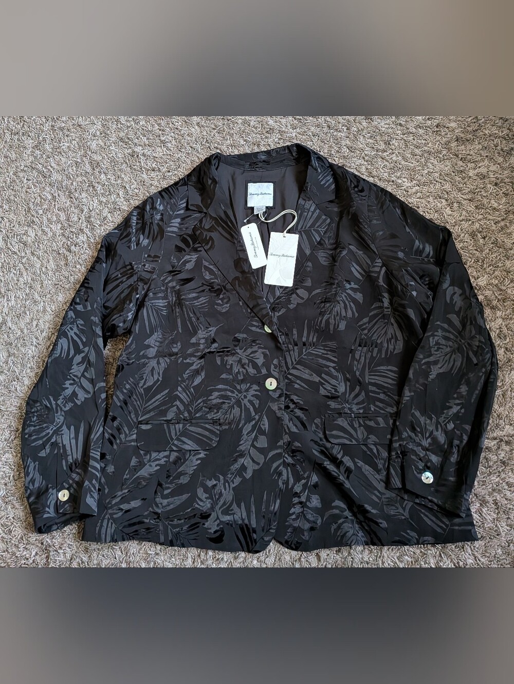 NWT Tommy Bahama Black Satin 2-Button Tropical Leaf Jacquard Blazer Women's XL